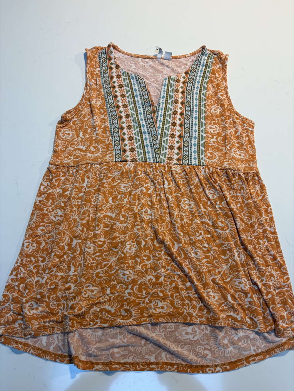 Women's Orange Floral Babydoll Tank Top Size S Sleeveless V-Neck Boho Tunic